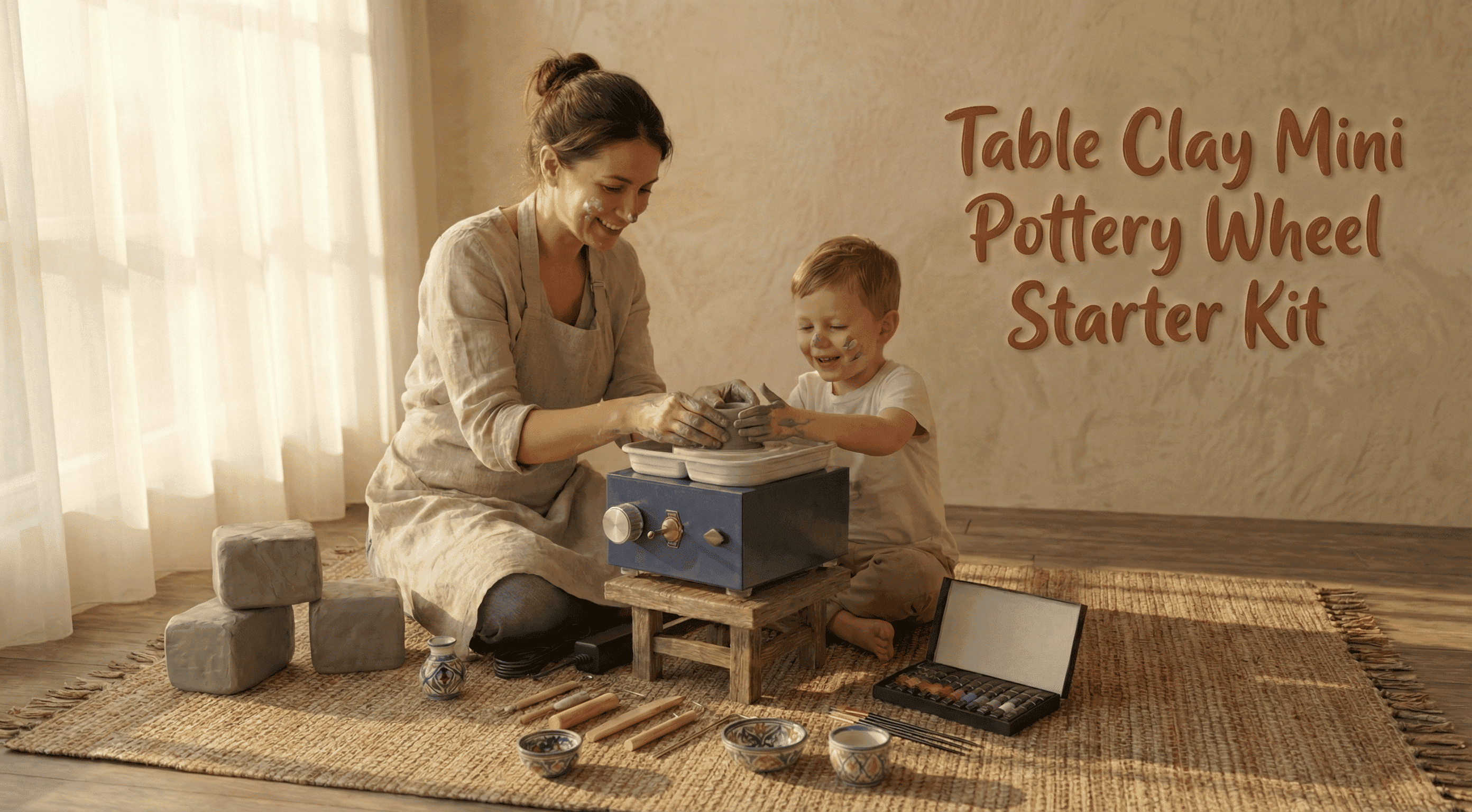 Table Clay Mini Pottery Wheel Starter Kit - A mother and child enjoying pottery together